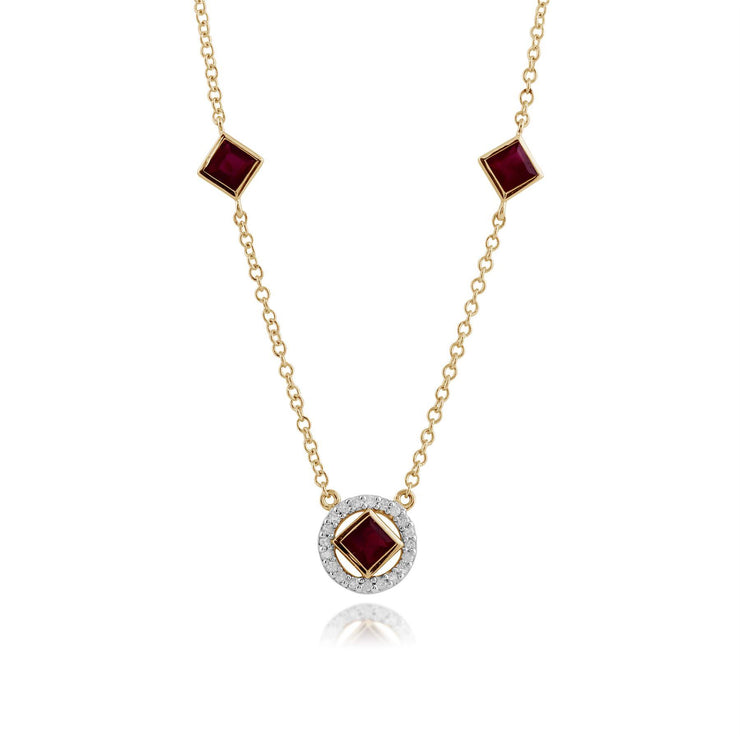 Collana e orecchini pendenti in oro giallo 375 con rubini quadrati e diamanti