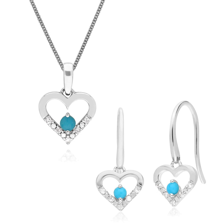 Classico pendente a cuore e orecchini pendenti in oro bianco 375 rotondo con turchese e diamante
