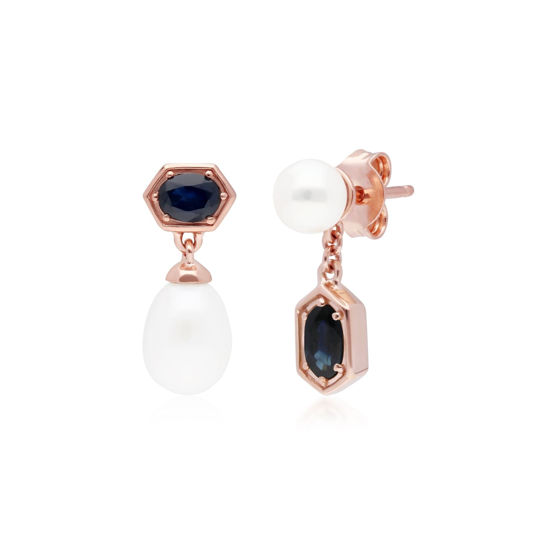 Modern Pearl & Sapphire Mismatched Drop Earrings in Rose Gold Plated 925 Sterling Silver