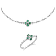 Bracciale e anello in argento 925 con trifoglio floreale e smeraldo rotondo