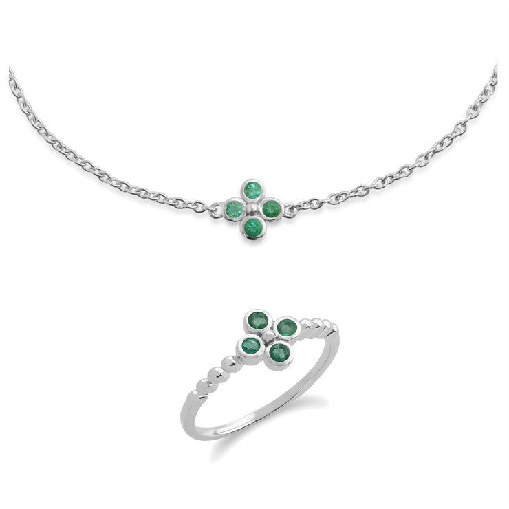 Bracciale e anello in argento 925 con trifoglio floreale e smeraldo rotondo