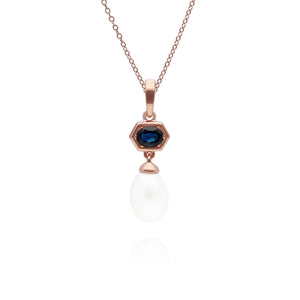 Modern Pearl & Sapphire Drop Pendant in Rose Gold Plated Sterling Silver