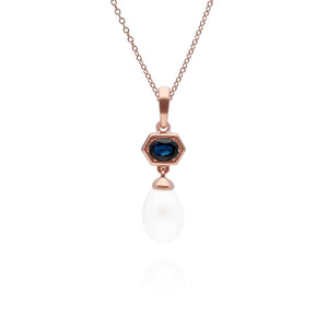 Modern Pearl & Sapphire Drop Pendant in Rose Gold Plated Sterling Silver