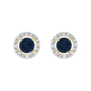 Orecchini classici con zaffiro in oro giallo 375 e rivestimento per l'orecchio con diamanti rotondi
