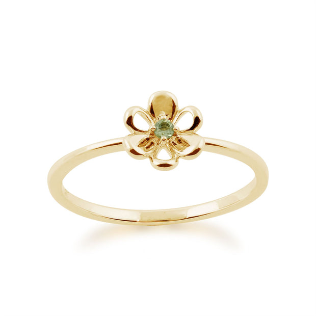 Set di tre anelli floreali impilabili in oro giallo 375 con peridoto e diamanti, farfalla e fiori