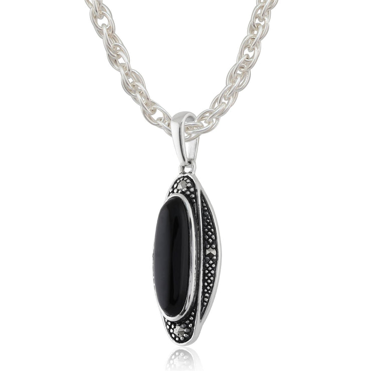 Orecchini pendenti e pendenti in stile Art Déco in argento 925 con cabochon in onice nero e marcasite