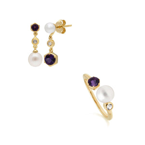 Modern Pearl, Topaz & Amethyst Earring & Ring Set in Gold Plated Sterling Silver
