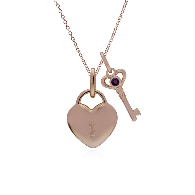 Ciondolo classico con lucchetto a cuore in argento 925 placcato oro rosa e ciondoli chiave in ametista