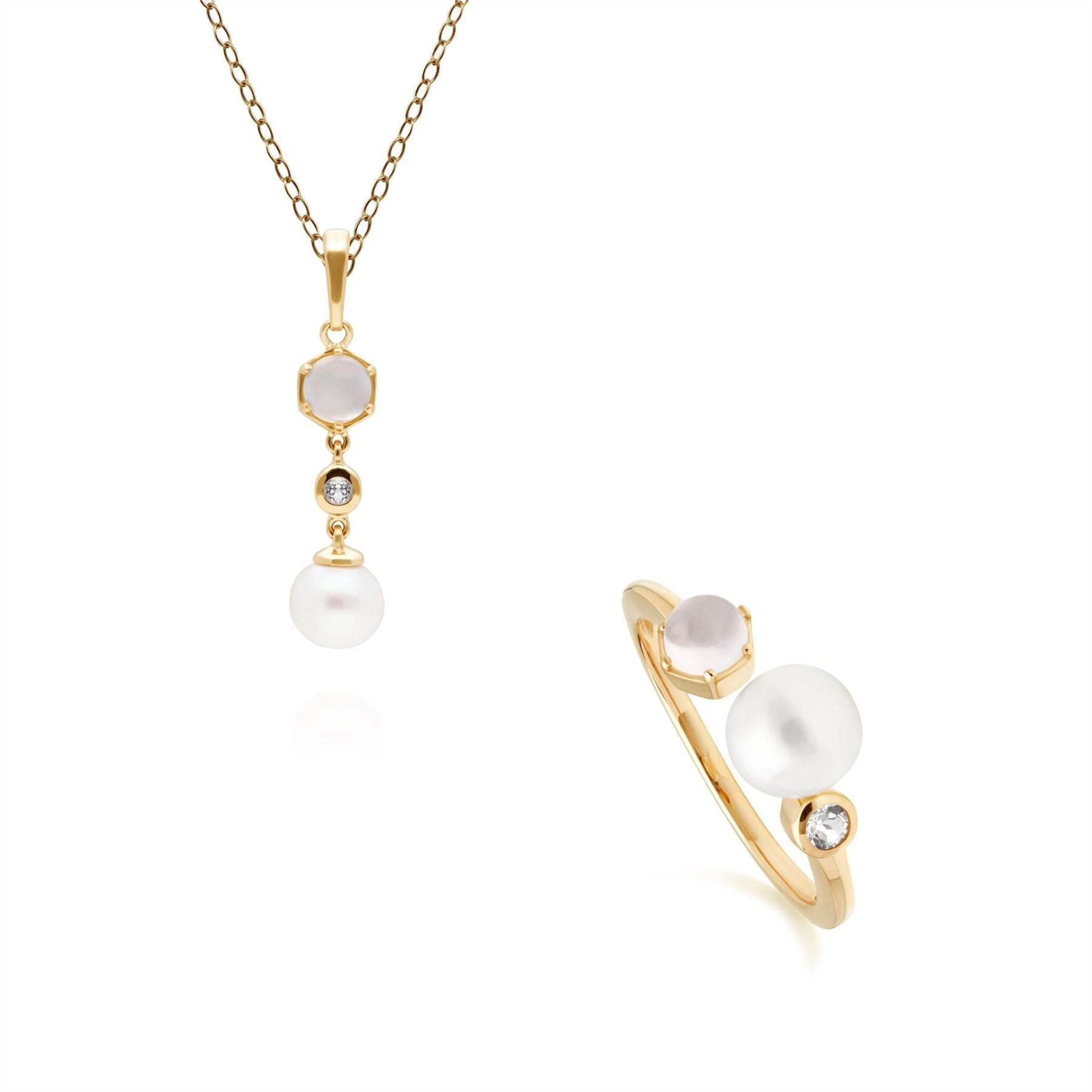 Modern Pearl, Topaz & Moonstone Pendant & Ring Set in Gold Plated Sterling Silver