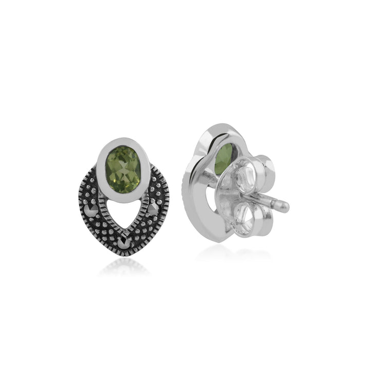 Orecchini a bottone in stile Srt Deco in argento 925 con peridoto ovale e marcasite