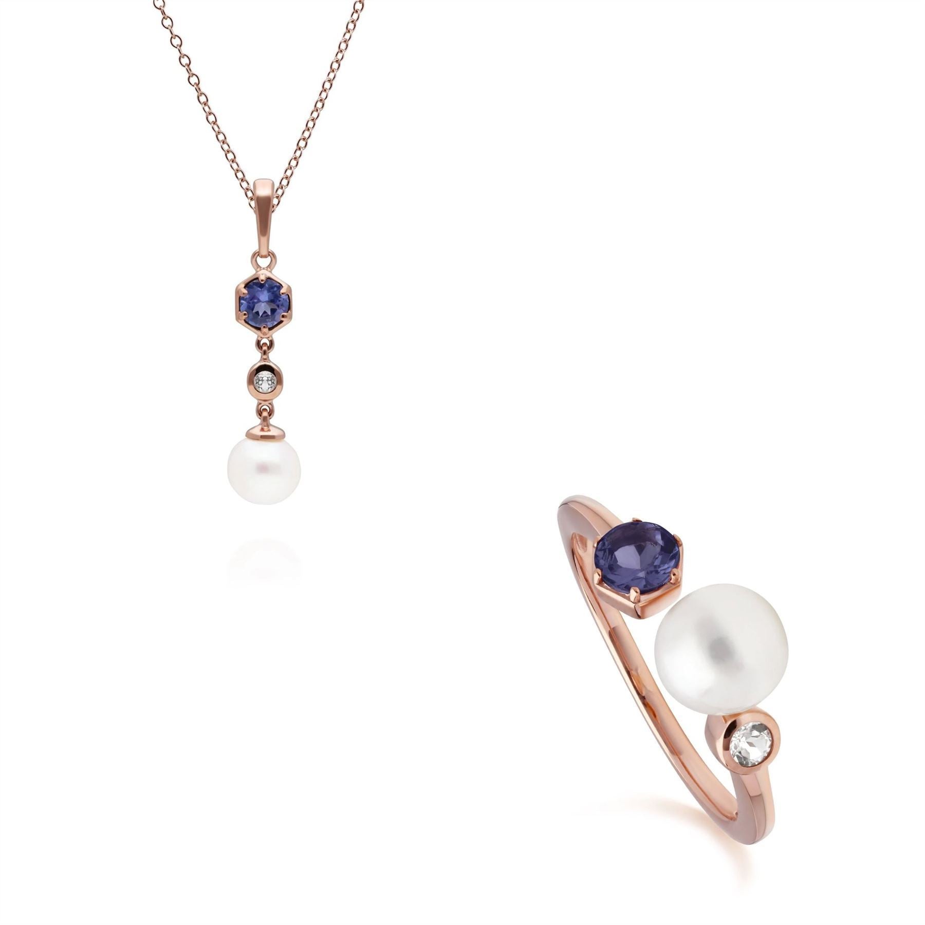 Modern Pearl, Tanzanite & Topaz Pendant & Ring Set in Rose Gold Plated Sterling Silver