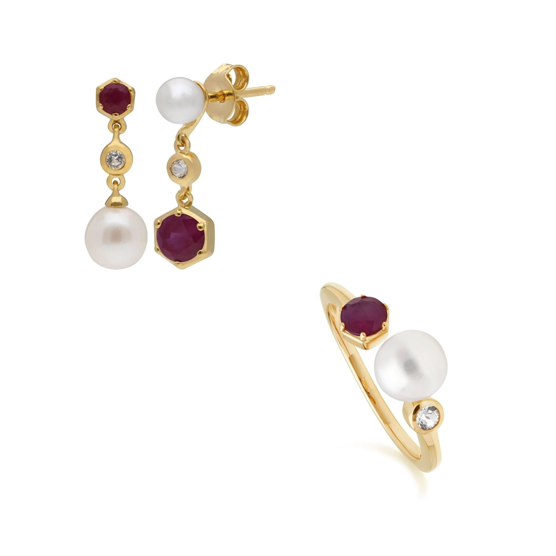 Modern Pearl, Topaz & Ruby Earring & Ring Set in Gold Plated Sterling Silver