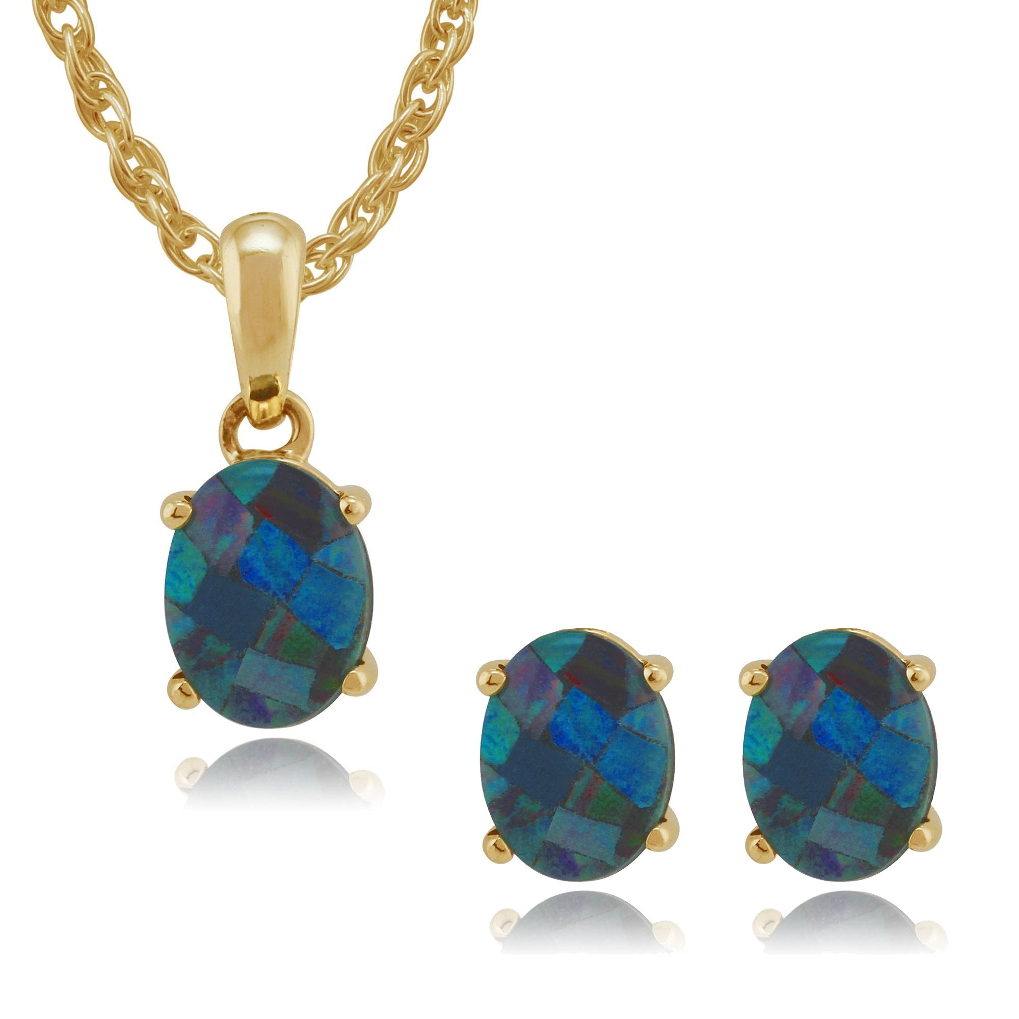 Classic Oval Triplet Opal Single Stone Stud Earrings & Pendant Set in 9ct Yellow Gold