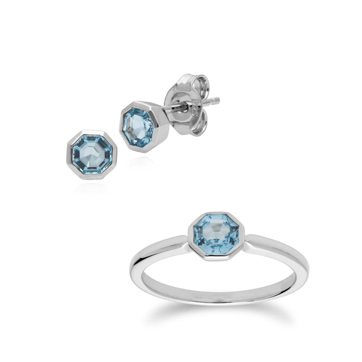 Anello e orecchini a lobo geometrici in argento 925 con topazio blu ottagonale