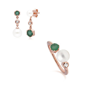 Modern Pearl, Emerald & Topaz Earring & Ring Set in Rose Gold Plated Sterling Silver