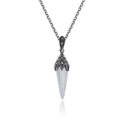 Collana e orecchini con pendente in stile Art Déco Argento 925 Cabochon in madreperla e marcasite