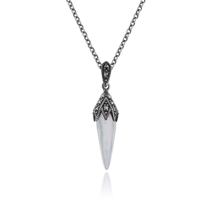 Collana e orecchini con pendente in stile Art Déco Argento 925 Cabochon in madreperla e marcasite
