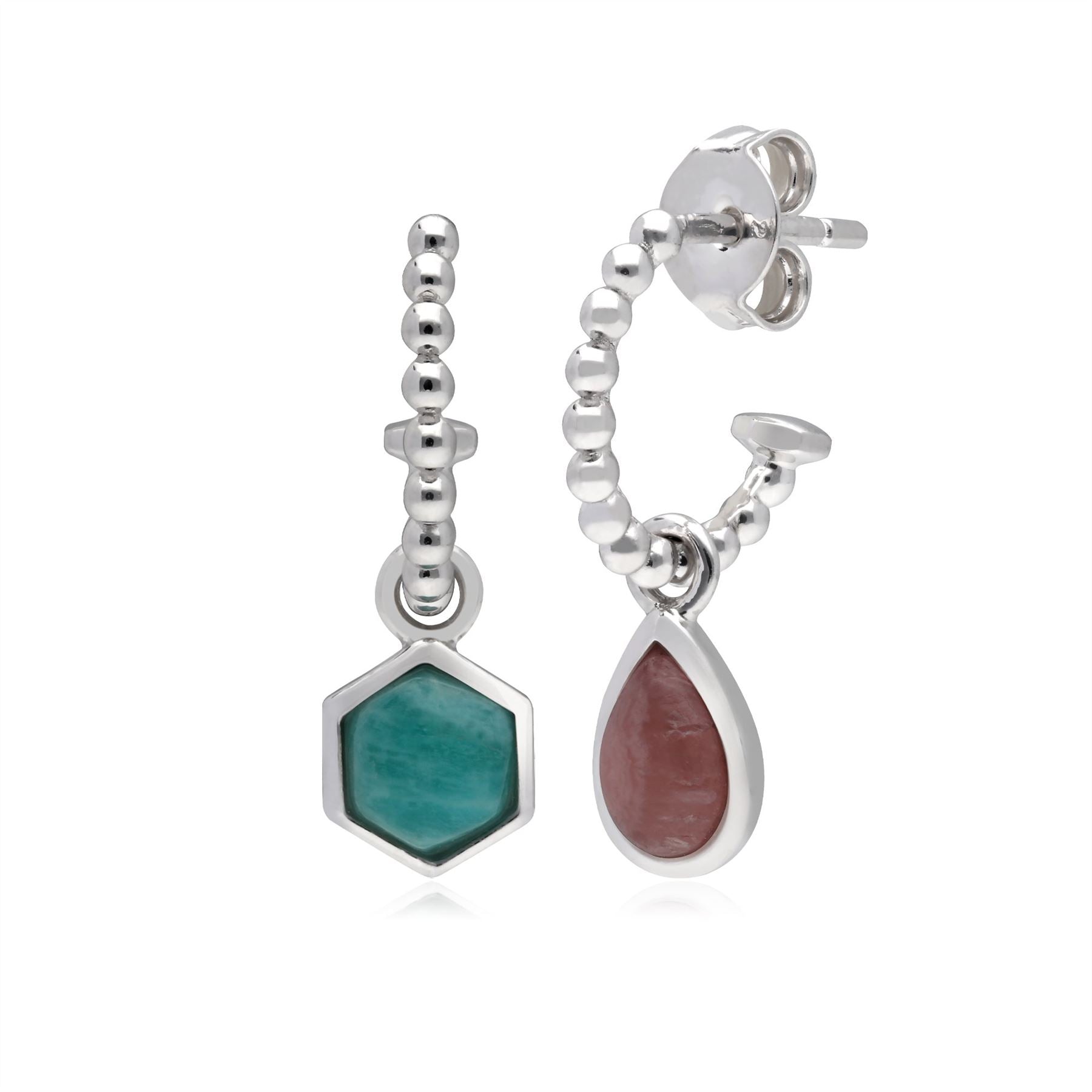 Micro Statement Rhodochrosite & Amazonite Mismatched Hoop Earrings in 925 Sterling Silver