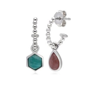 Micro Statement Rhodochrosite & Amazonite Mismatched Hoop Earrings in 925 Sterling Silver