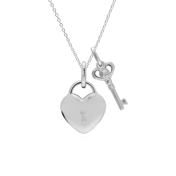Classico ciondolo con lucchetto a cuore in argento 925 e ciondoli chiave con topazio bianco