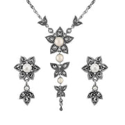 Collana e orecchini con pendente floreale in argento 925, perla rotonda e marcasite