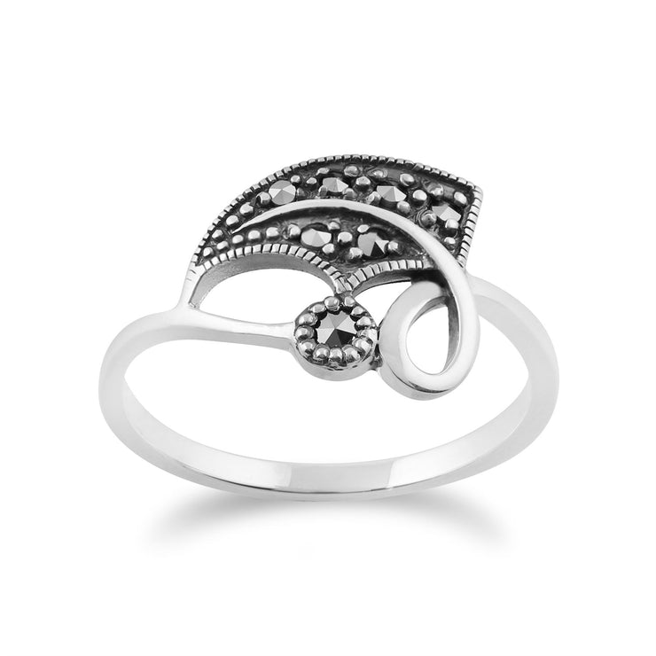 Anello Gemondo Marcasite, Anello in argento sterling 925 con marcasite foglia Art Nouveau da 0,13 ct