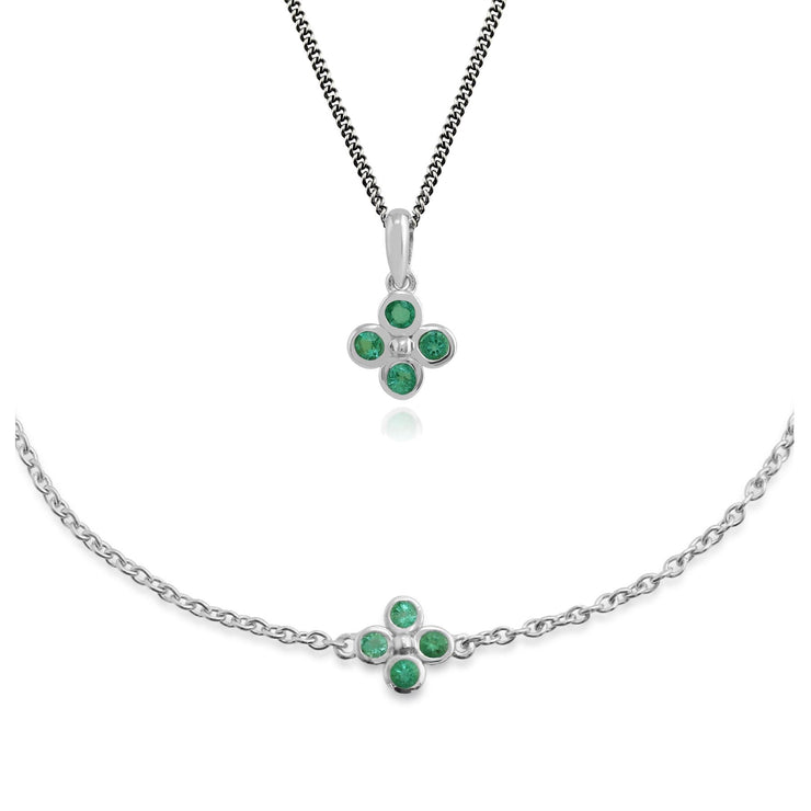 Bracciale e pendente in argento 925 con trifoglio floreale rotondo smeraldo