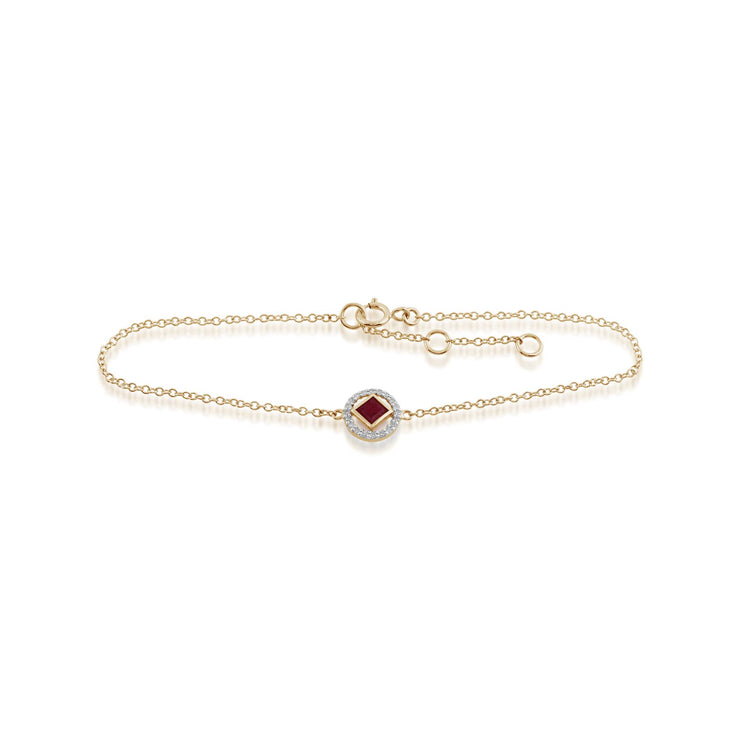 Classico bracciale stile Halo in oro giallo 375 con rubini quadrati e diamanti