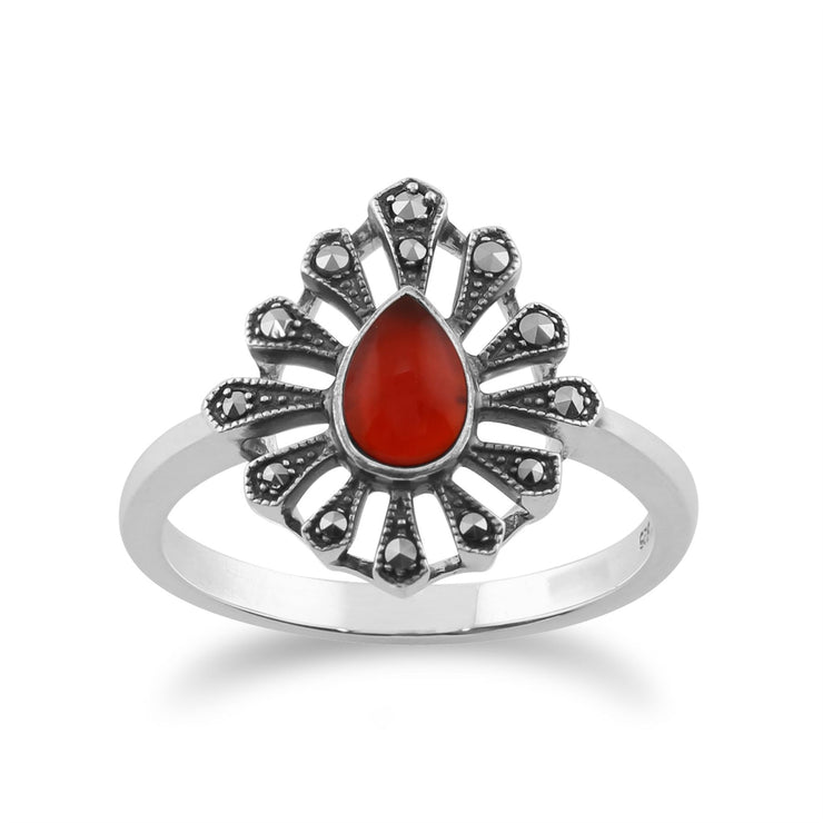 Anello Art Deco Gemondo in argento sterling 925 da 0,30 CT con corniola e marcasite