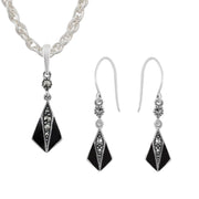 Orecchini Pendenti e Pendenti Ventaglio Stile Art Deco Argento 925 Marcasite Rotondo e Smalto Nero