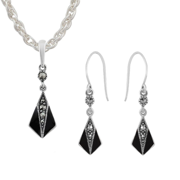 Orecchini Pendenti e Pendenti Ventaglio Stile Art Deco Argento 925 Marcasite Rotondo e Smalto Nero