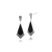 Orecchini aquilone pendenti in stile Art Déco in argento 925 con onice nero e marcasite