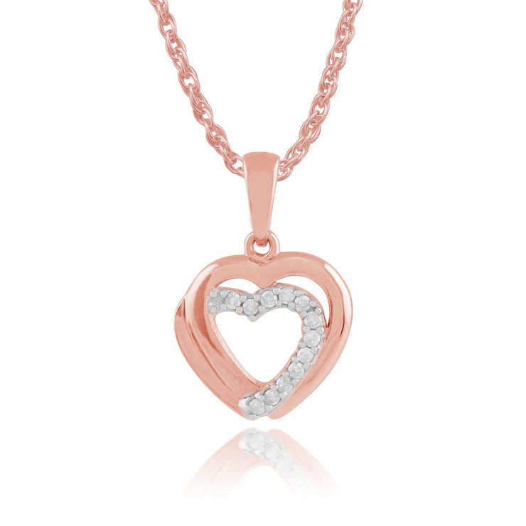Ciondolo classico a doppio cuore e orecchini pendenti in oro rosa 375 con diamante rotondo