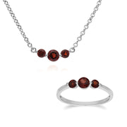 Collana e anello classici con tre pietre di granato in argento 925