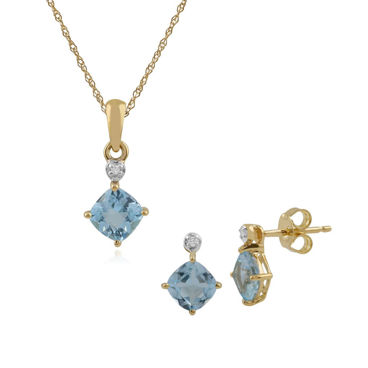 Classico pendente in oro giallo 375 e orecchini a bottone con topazio azzurro e diamante