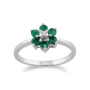 Anello floreale in oro bianco 375 con smeraldi e diamanti