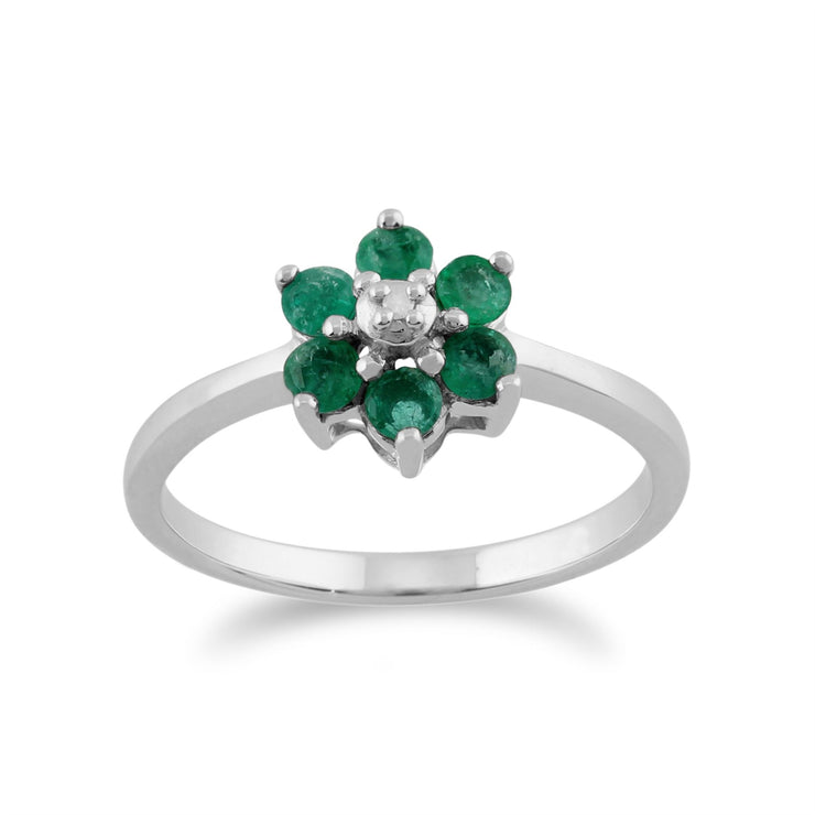 Anello floreale in oro bianco 375 con smeraldi e diamanti