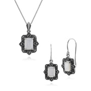 Orecchini pendenti e pendenti in stile Art Déco in argento 925 con madreperla baguette e castoni in marcasite