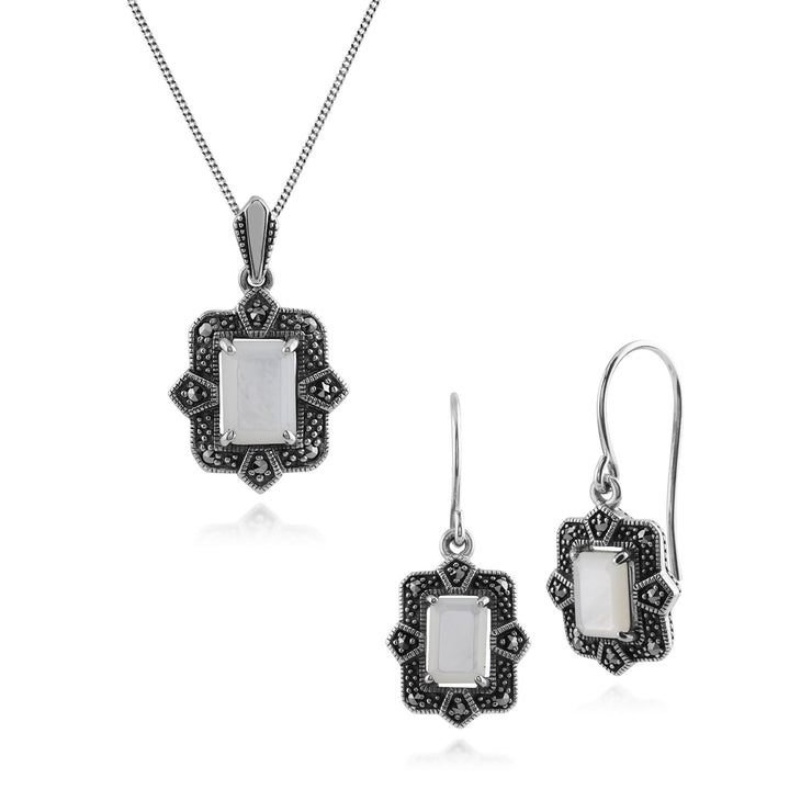 Orecchini pendenti e pendenti in stile Art Déco in argento 925 con madreperla baguette e castoni in marcasite
