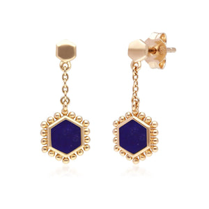 Lapis Lazuli Flat Slice Hex Drop Earrings in Gold Plated Sterling Silver