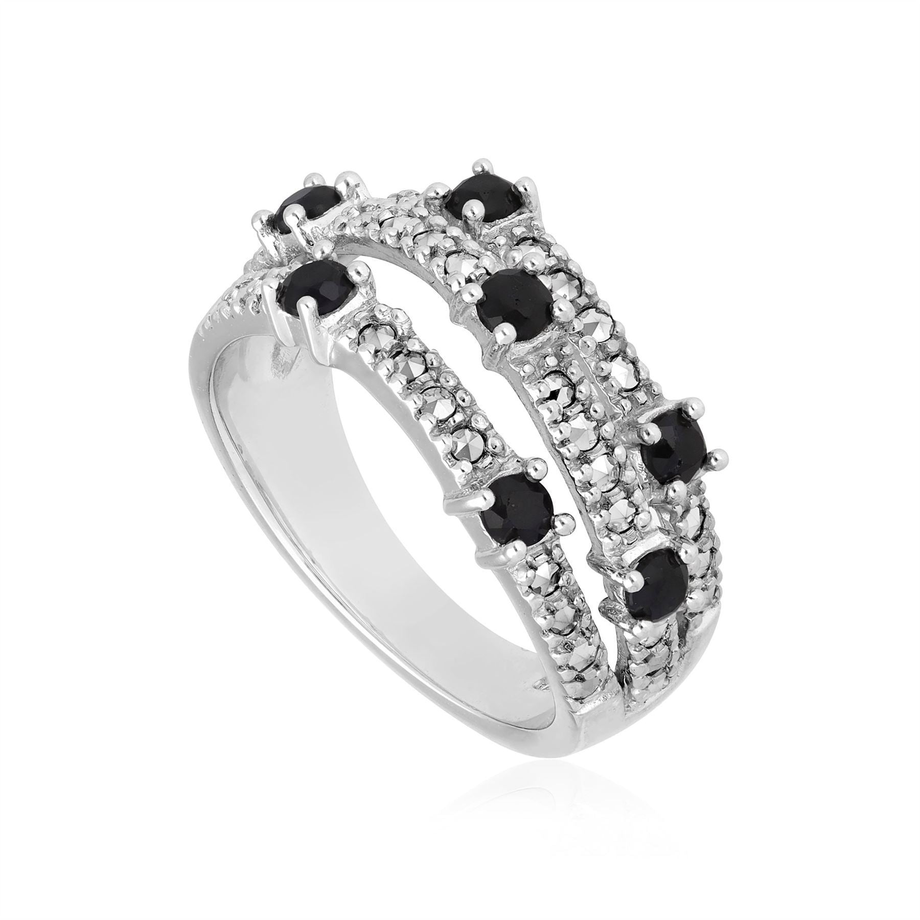 Kosmos Black Sapphire and Marcasite Ring in Sterling Silver