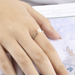 Rainbow Gemstone & Pearl Open Ring in 925 Sterling Silver on model