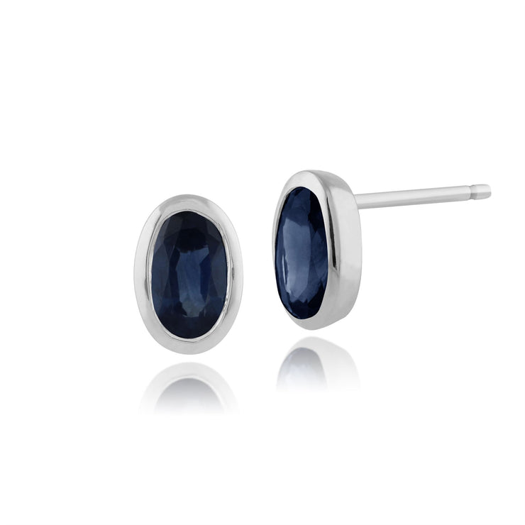 Orecchini a lobo classici in oro bianco 375 con zaffiro ovale azzurro