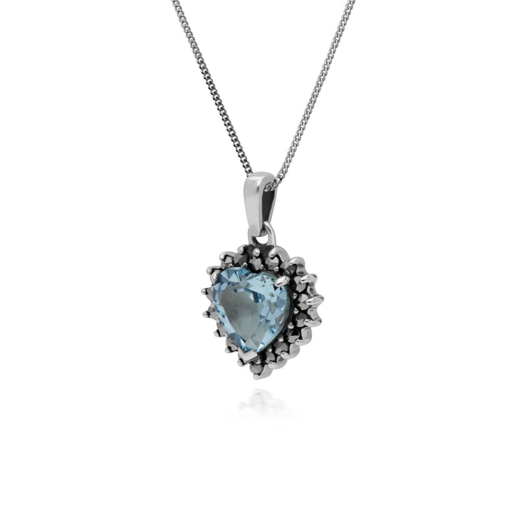 Collana con topazio, pendente a cuore in argento sterling con topazio azzurro e marcasite con catena da 45 cm