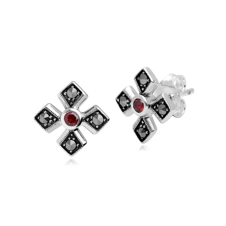 Orecchini a bottone con croce gotica in stile Art Déco in argento 925 con granato e marcasite