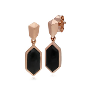 Micro Statement Black Onyx Drop Earrings in Rose Gold Plated 925 Sterling Silver