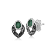 Orecchini a lobo in stile Art Déco in argento 925 con smeraldo ovale e marcasite
