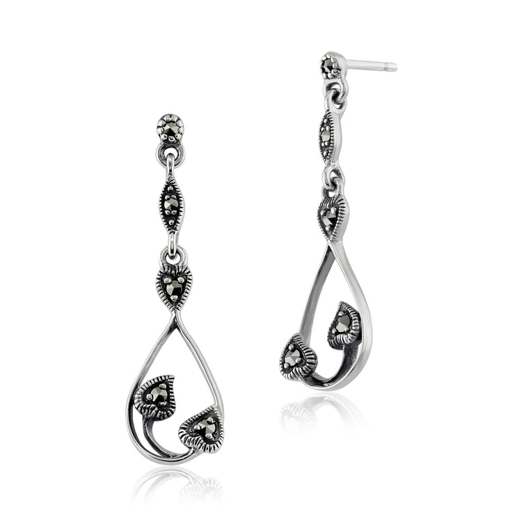 Orecchini pendenti rotondi in marcasite in argento 925 in stile Art Nouveau