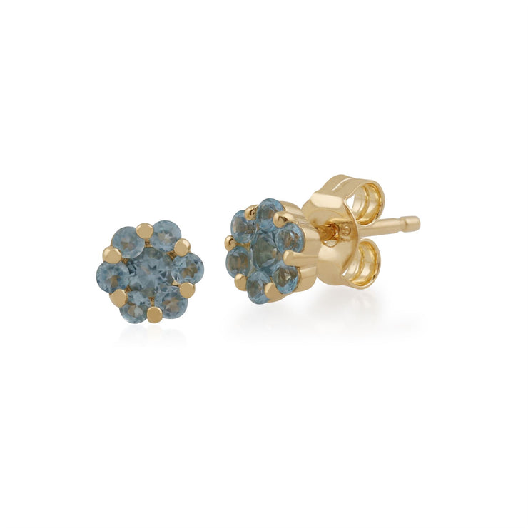 375 Orecchini a bottone floreali in oro giallo Stile a grappolo con topazio blu