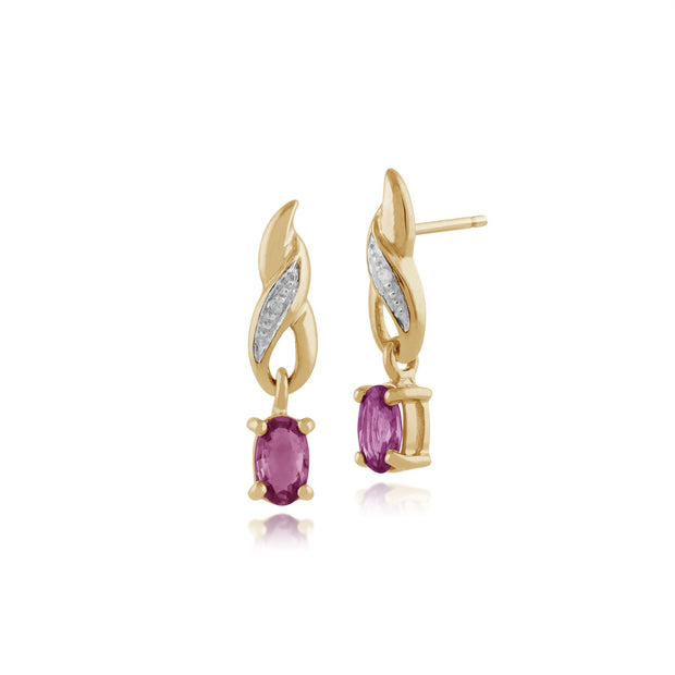 Classici orecchini pendenti ovali in oro giallo 375 con zaffiri rosa e diamanti